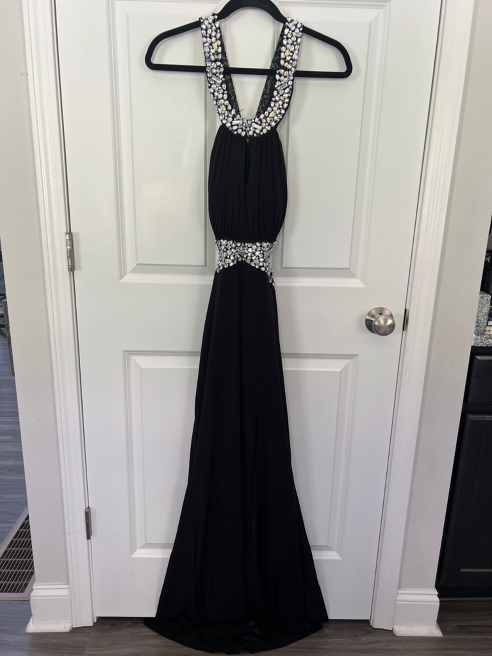 Deb Black Rhinestone Embellished Halter Formal Gown Prom Dress Open Back Size 9